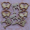 Pack of 8pc natural wood Wedding shapes 4 each of Hearts with Doves & Champagne glasses