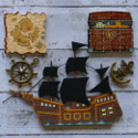 Pack of 5pc Wooden Pirate ship, treasure chest, map & metal ships wheel & anchor