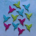 Pack of 12 large Humming Bird card topper decorations, tropical pink, blue & green      
