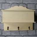 Hook Rack with decorative top, Storage Box, 3 metal hooks,and brass hooks for hanging, plywood