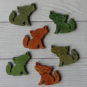 Pack of 6 Wooden Fox embellishments, green, Olive & brown, as shown