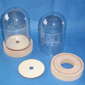 Small Dome Bell Jar of Clear plastic, on MDF Stand, with foot plate, as shown. Hole in base suitable for fitting lights.