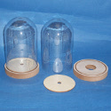 Large Dome Bell Jar of clear plastic on MDF stand with footplate as shown. Hole in base suitable for fitting lights.