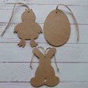 Set of 3 Papier Mache decorations, egg chick, bunny, with string for hanging