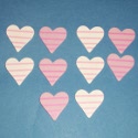 Pack of 10 Pink & White Striped Wooden Heart shapes, as shown, with self adhesive pad