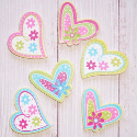 Pack of 6 wooden Heart Embellishments Bright colours floral patterns as shown