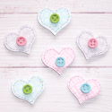 Pack of 6 wooden heart shape embellishments card topper with white pattern and button detail, as shown