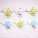 Pack of 6 wooden Watering Can shapes blue & green, 3 each as shown