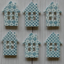 Pack of 6 wooden House shapes blue & white, 2 different patterns, 3 of each, as shown