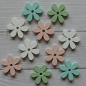 Pack of 10 daisy flower wooden card topper craft shapes, green, white, pink, turquoise