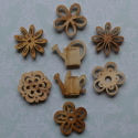 Pack of 8 Natural Wood flower & watering can shape card topper decorations, as shown