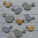 Pack of 9 wooden bird shape card topper in 3 sizes , blue, blue/grey & natural