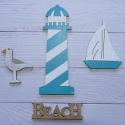 Pack of 4 nautical shapes, lighthouse,seagull,boat & beach sign, as shown