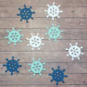 Set of 9 wooden ships wheel embellishments 3 of each colour, as shown