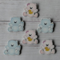 Pack of 6 wooden Teddy Bear card topper craft shapes 3 pink, 3 blue with a little glitter, as shown