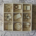 Box of 27 mini wooden shapes Holiday / Travel, 3 each of 9 designs