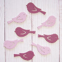 Pack of 8 wooden bird embellishments 4 pink & 4 purple, as shown