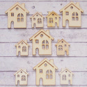 Pack of 10 Wooden House shape embellishments, natural wood, 4 large & 6 small, as shown