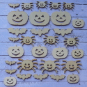 Pack of 30pc Natural Wooden Halloween shapes, Bat, Spider, Pumpkin, 3 sizes