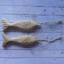 Set of 2 wooden Fish Shapes with carved details, metal hook and natural string to hang