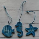 Set of 3 Wooden Hanging decorations Seahorse, Starfish and Fish, blue, with blue string hanger,