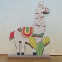 Standing Llama Decoration with Cacti, on plinth, with cord reins, painted as shown