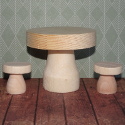 Wooden Mushroom / Toadstool Table and 2 Stools Decorations