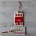 Set of 2 wooden Christmas gift tag labels red and white with bell and string tie