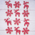 Pack of 12 Wooden Reindeer & Snowflake, painted dark red, as shown, with self adhesive pad