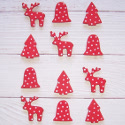 Pack of 12 Wooden Card Topper decorations, Reindeer, Tree, & Bell in Red with white Stars as shown