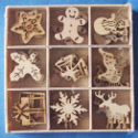 Big Box of 45pc, 5 each of 9 different mini wooden Christmas craft shapes, as shown