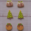 Pack of 6 Wooden Christmas shapes, 2 trees & 4 Puddings, as shown