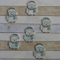 Pack of 6 Wooden Snowy Owl card topper decorations, blue / turquoise 3 each of 2 designs