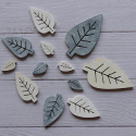 Pack of 12 wooden Leaf Scandi style card topper decorations, 3 sizes grey white cream