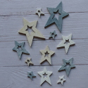 Pack of 12 wooden Star Scandi style card topper decorations, 3 sizes grey white cream